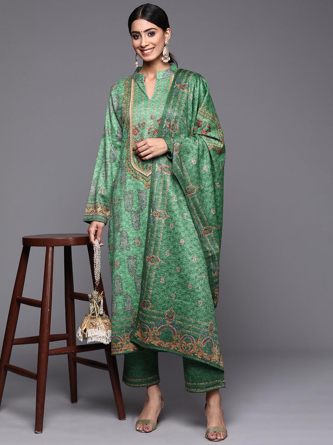 Green Printed Wool Straight Suit Set - Libas