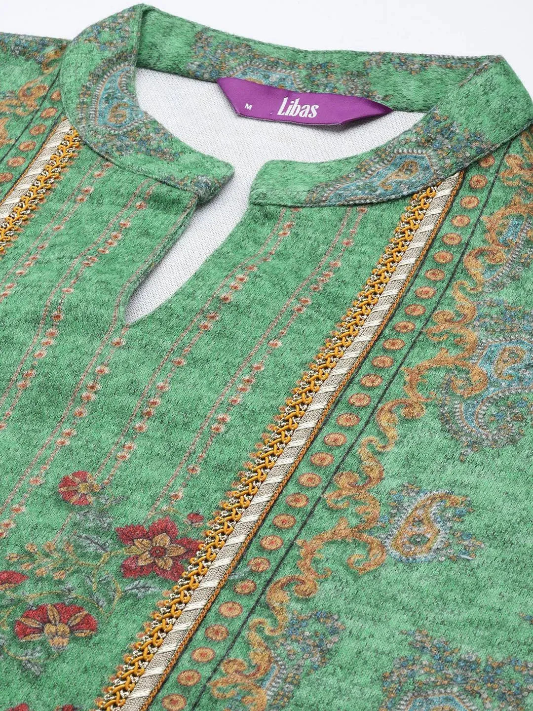 Green Printed Wool Straight Suit Set - Libas 