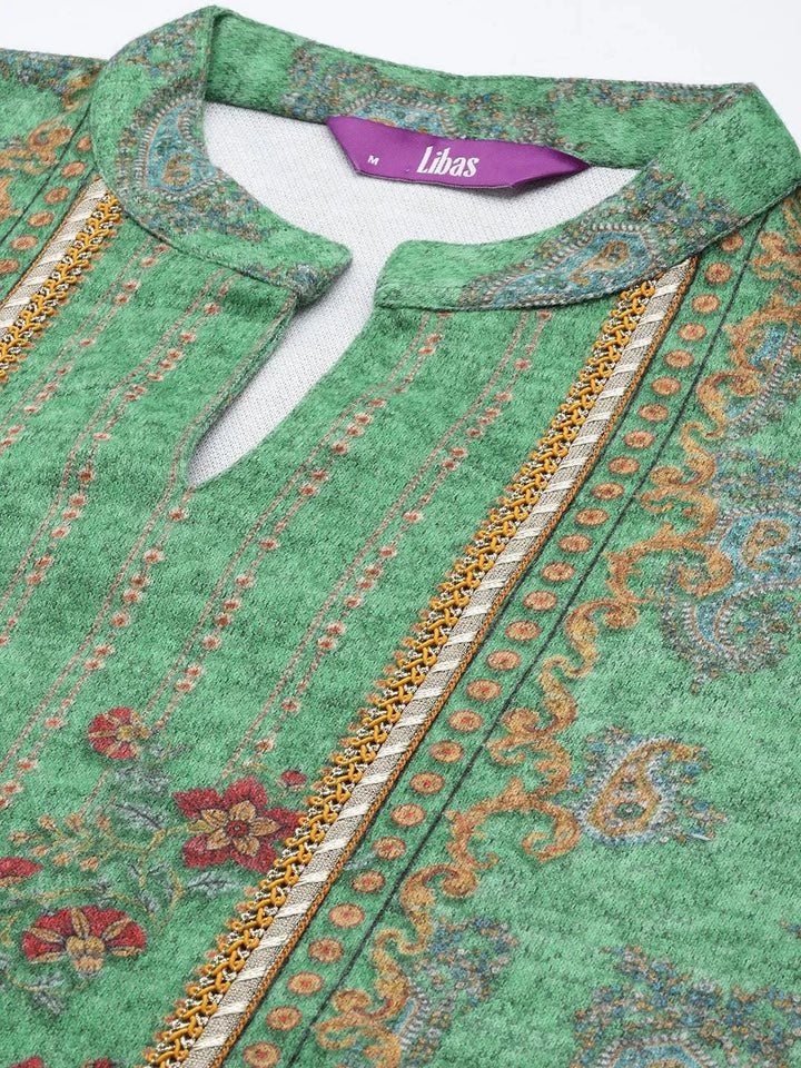 Green Printed Wool Straight Suit Set - Libas