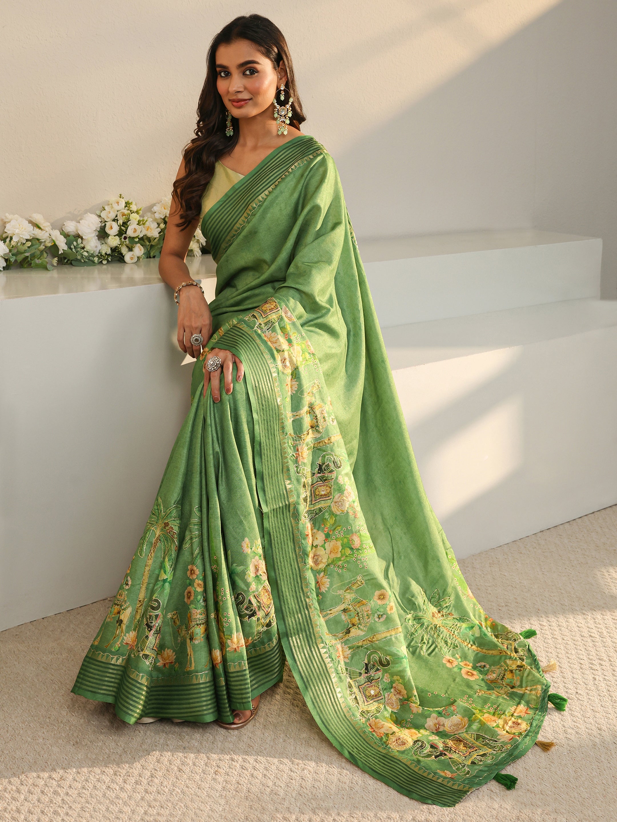 libas Green Royal Printed Silk Blend Saree With Unstitched Blouse Piece-picture-21