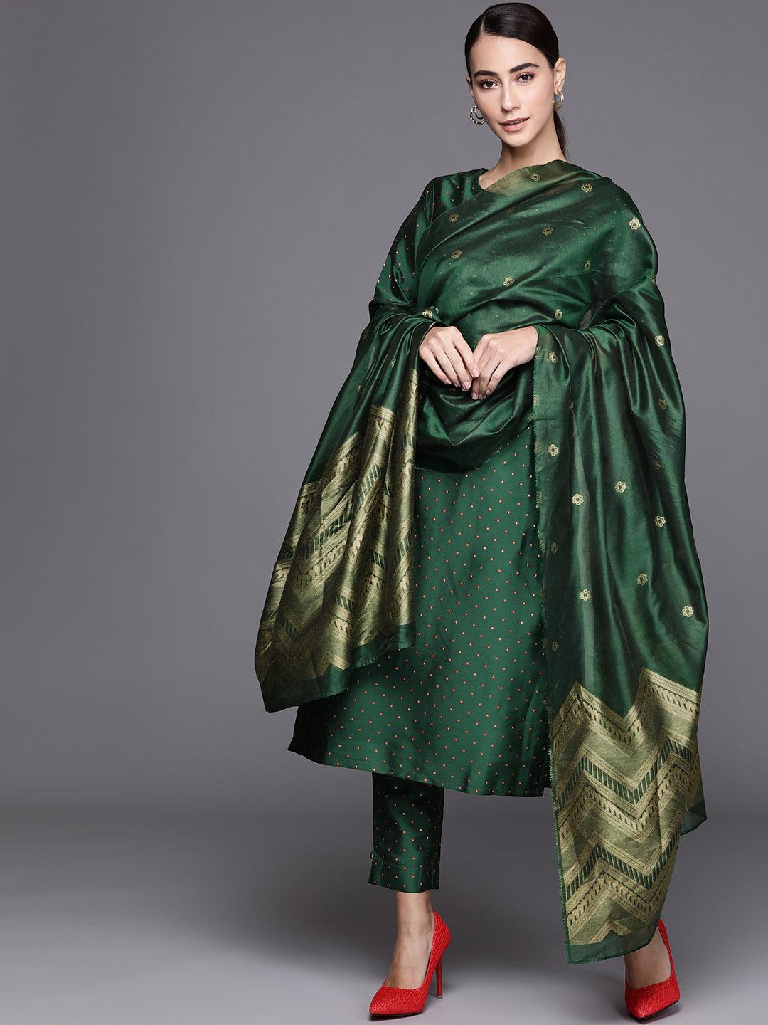 Green Self Design Art Silk Straight Kurta With Dupatta