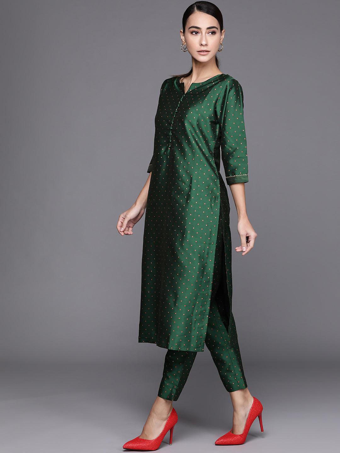 Green Self Design Art Silk Suit Set - Libas