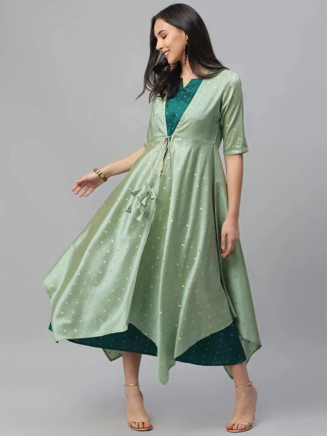 Green Self Design Chanderi Dress With Shrug