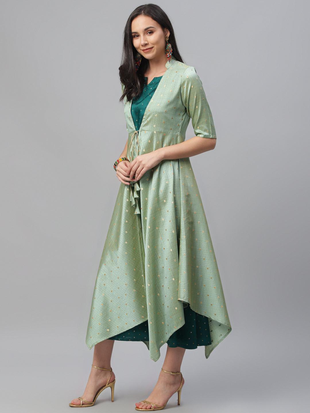 Green Self Design Chanderi Dress With Shrug - Libas