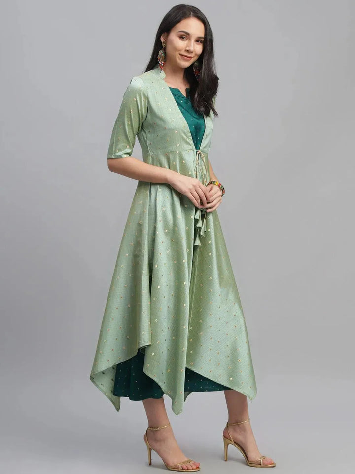 Green Self Design Chanderi Dress With Shrug - Libas