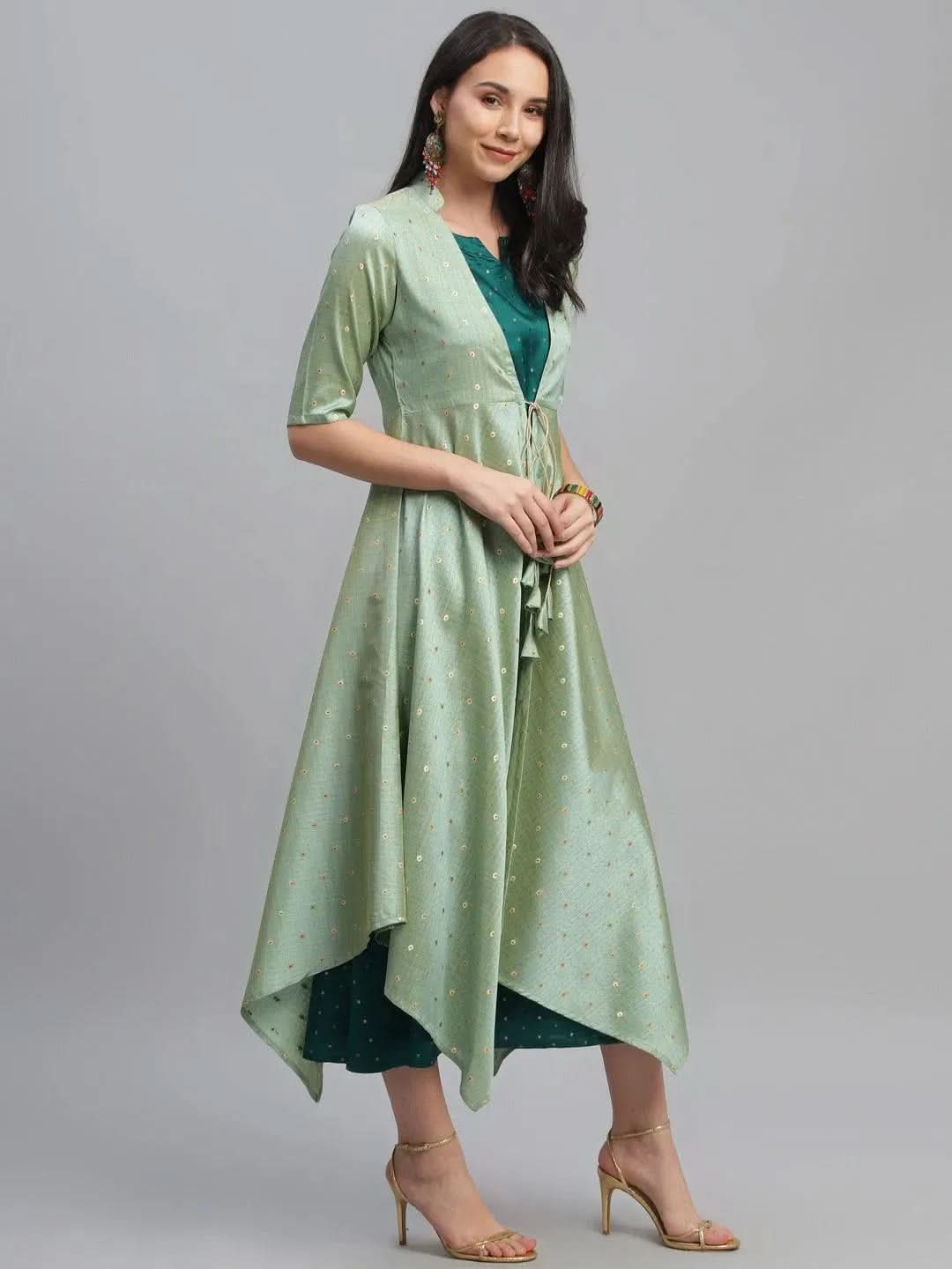 

Green Self Design Chanderi Dress With Shrug