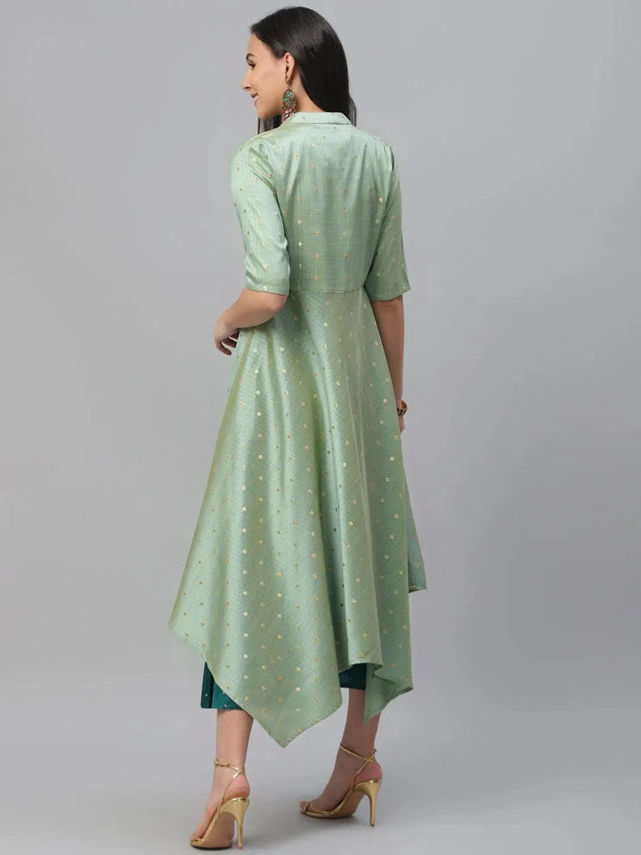 Green Self Design Chanderi Dress With Shrug - Libas