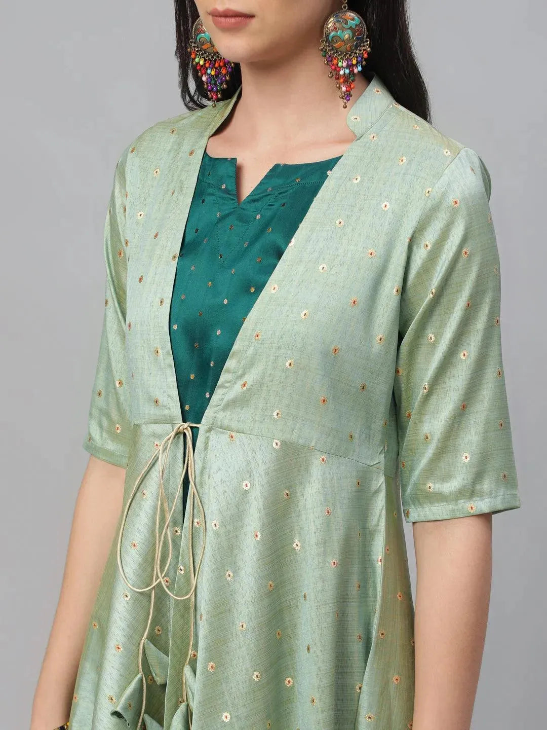 Green Self Design Chanderi Dress With Shrug - Libas