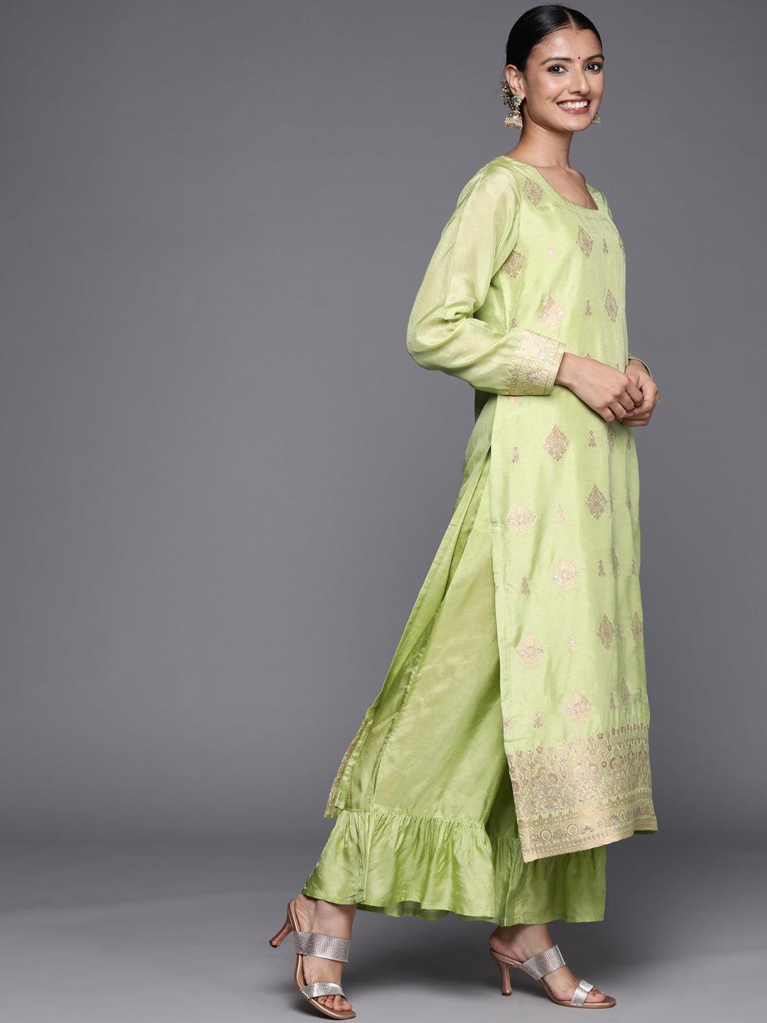 Green Self Design Chanderi Silk Straight Kurta With Palazzos & Dupatta