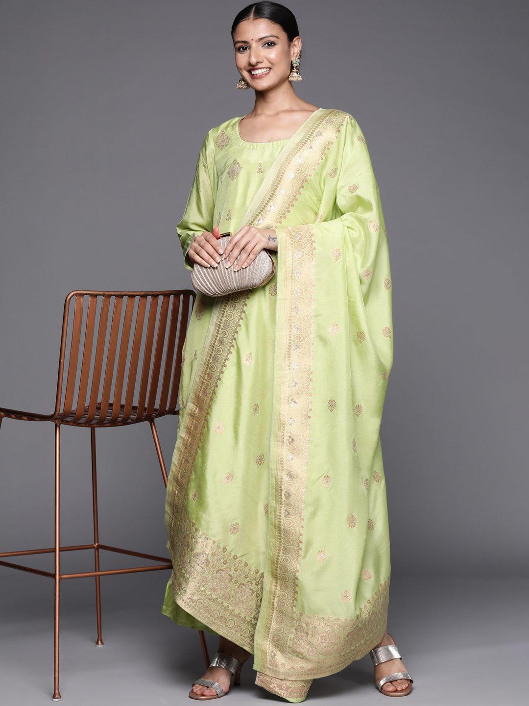 Green Self Design Chanderi Silk Straight Kurta With Palazzos & Dupatta