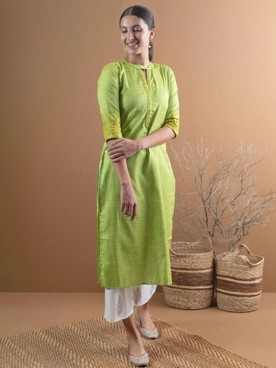 Green Self Design Cotton Kurta - Libas