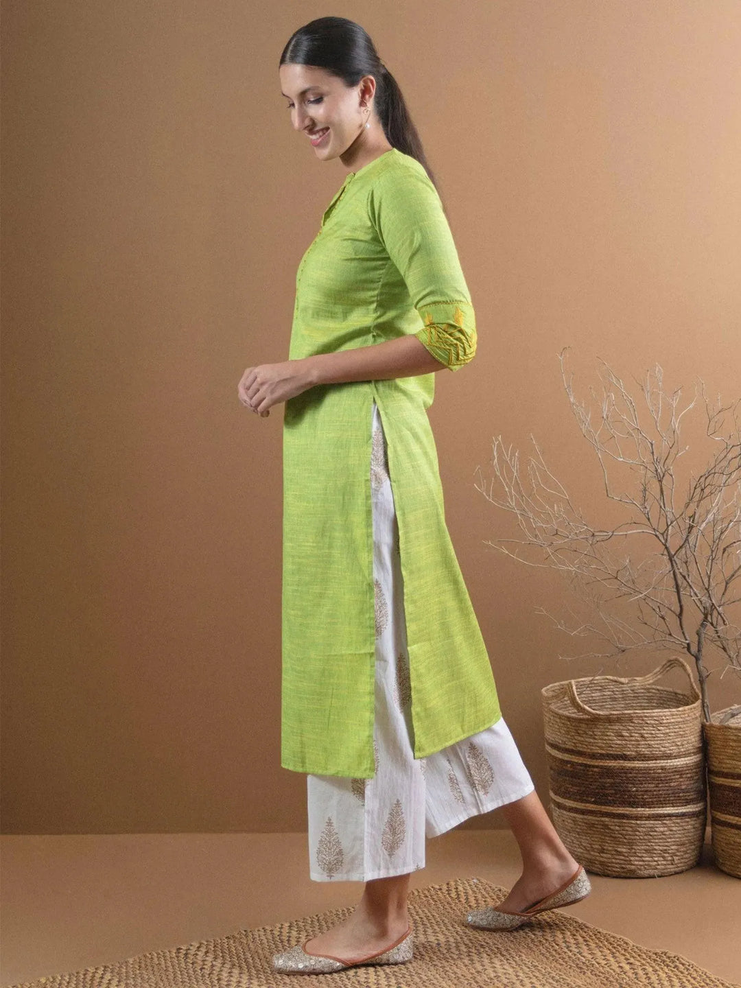 Green Self Design Cotton Kurta - Libas 