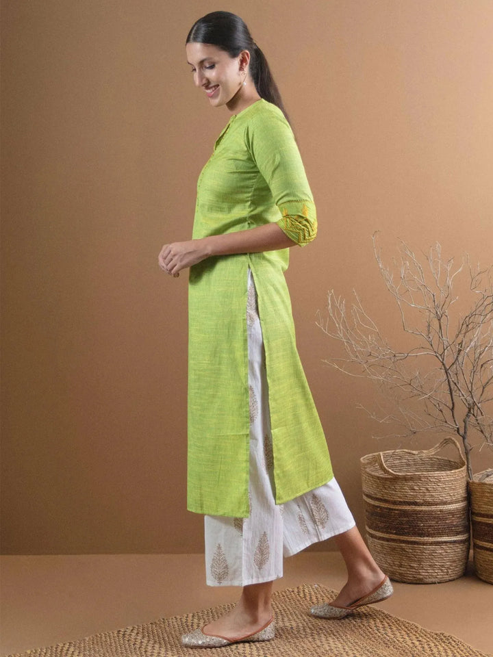 Green Self Design Cotton Kurta - Libas