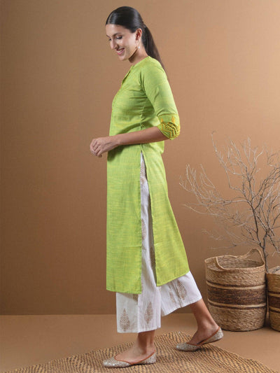 Green Self Design Cotton Kurta - Libas