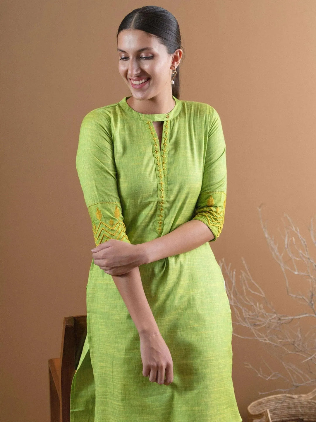 Green Self Design Cotton Kurta - Libas 