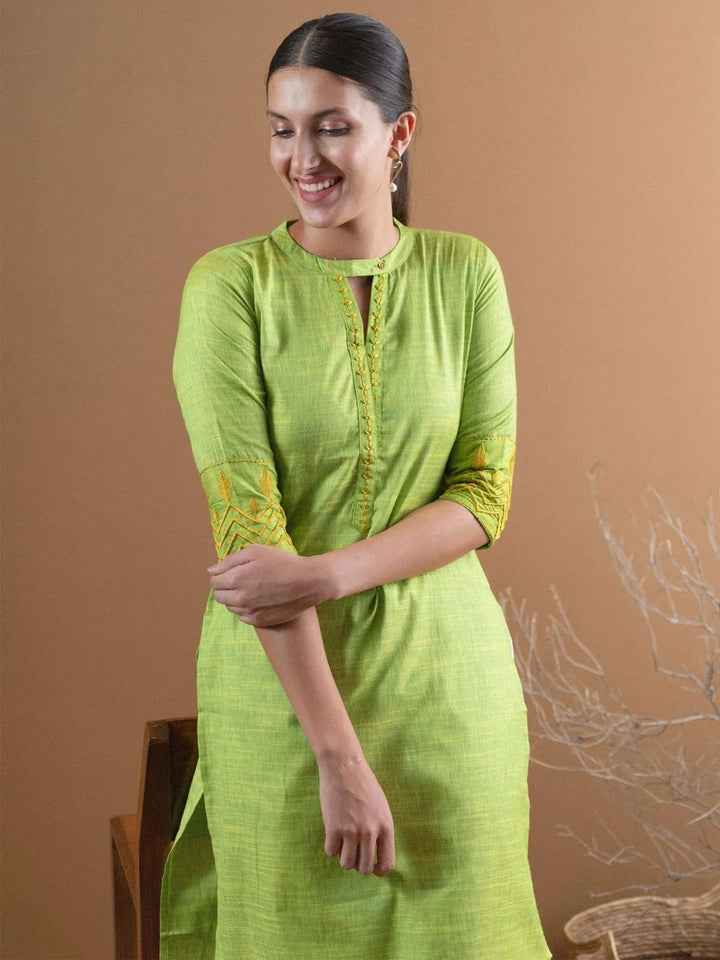 Green Self Design Cotton Kurta - Libas