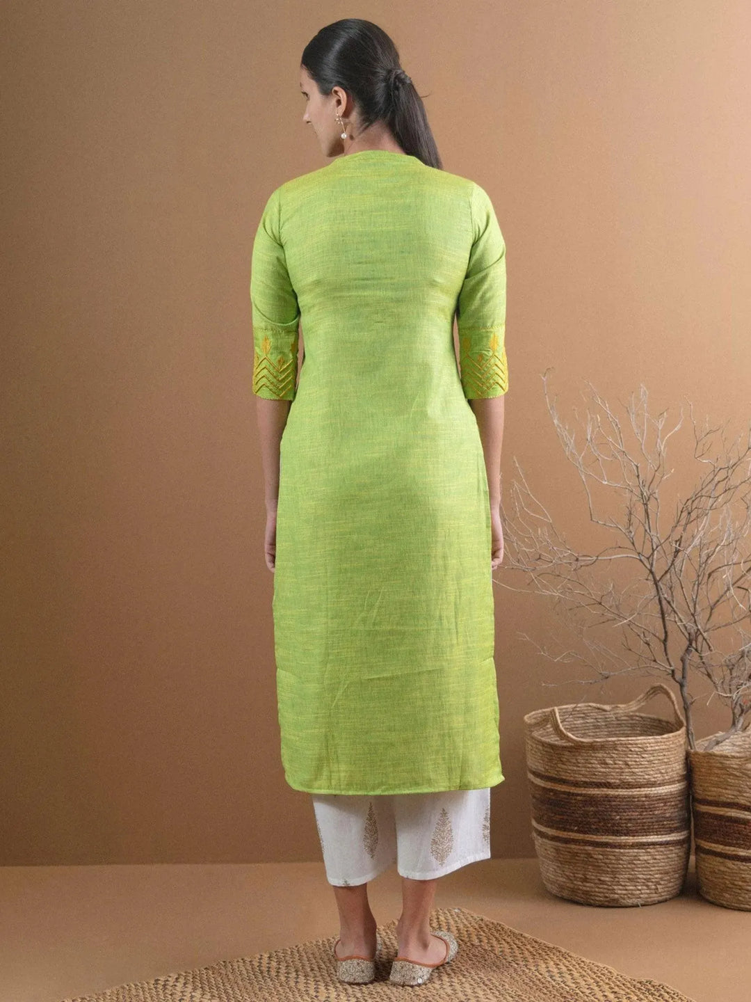 Green Self Design Cotton Kurta - Libas