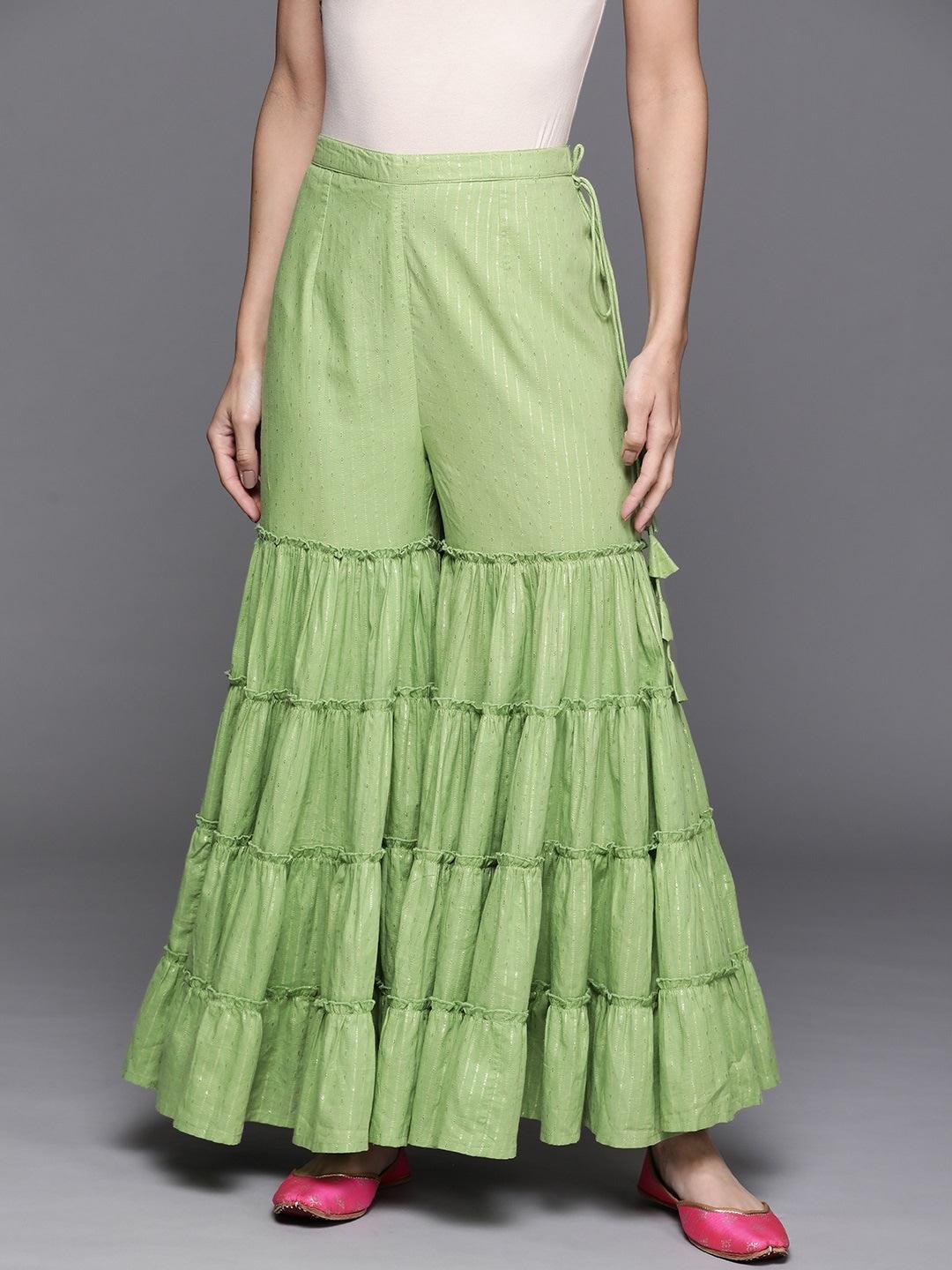 Green Self Design Cotton Sharara Pants - Libas