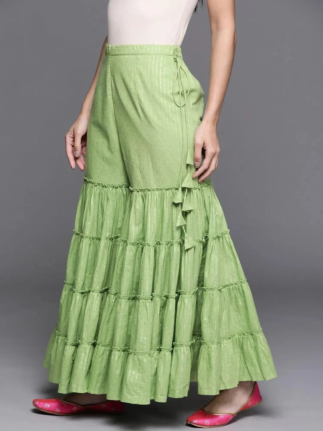 Green Self Design Cotton Sharara Pants - Libas 