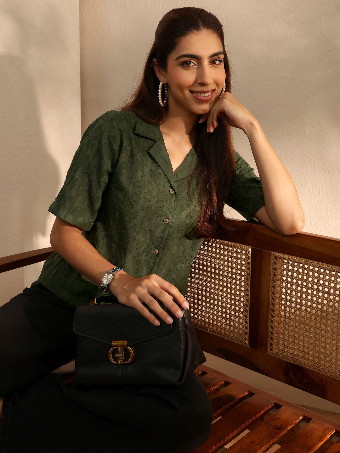 Green Self Design Cotton Straight Shirt