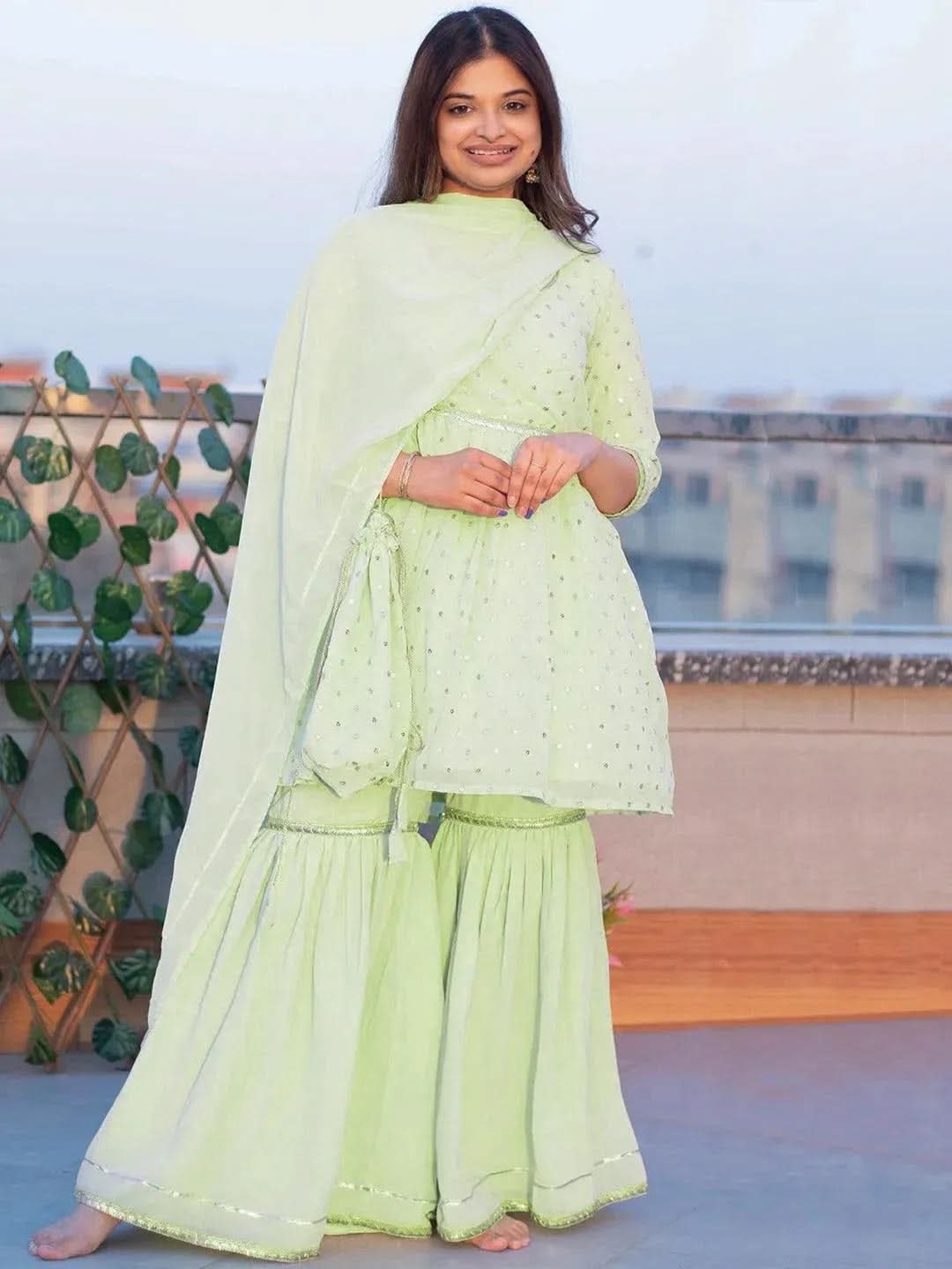 

Green Self Design Georgette Anarkali Sharara Suit Set With Dupatta