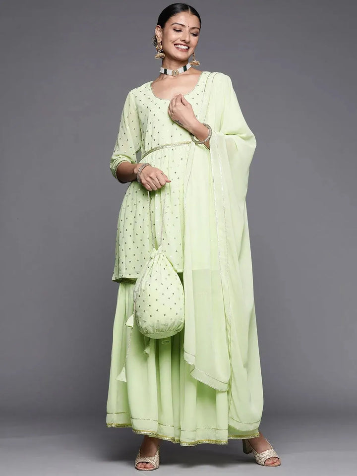 Green Self Design Georgette Anarkali Suit Set - Libas