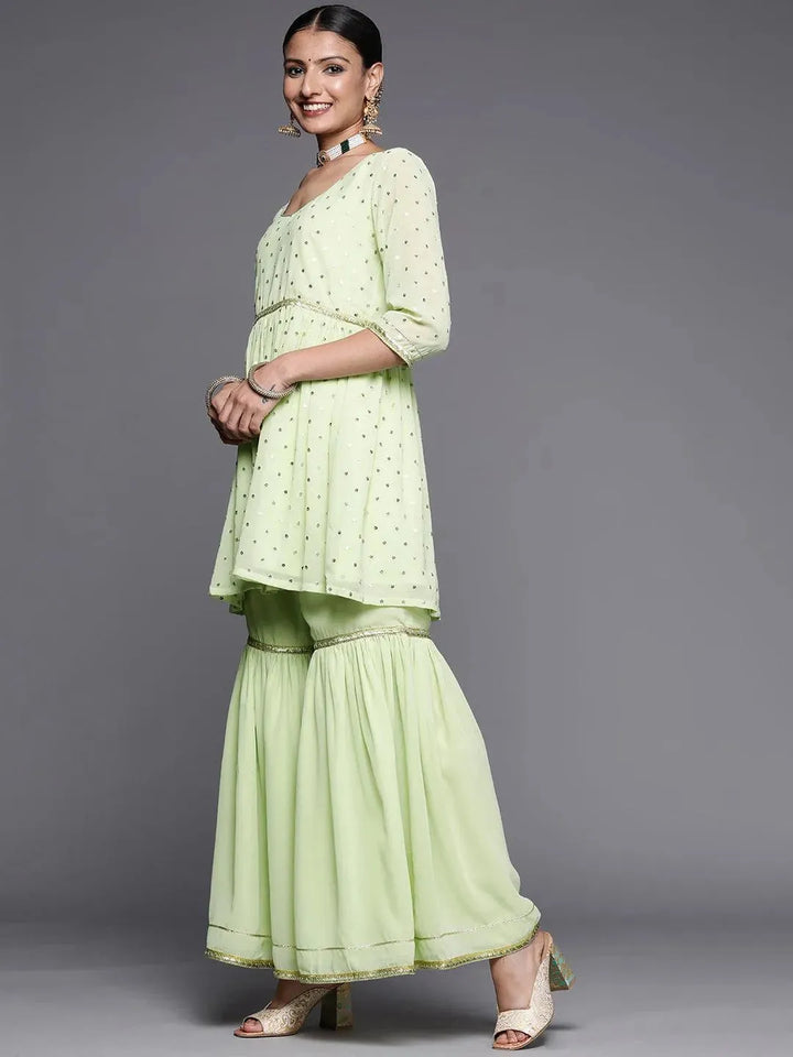 Green Self Design Georgette Anarkali Suit Set - Libas