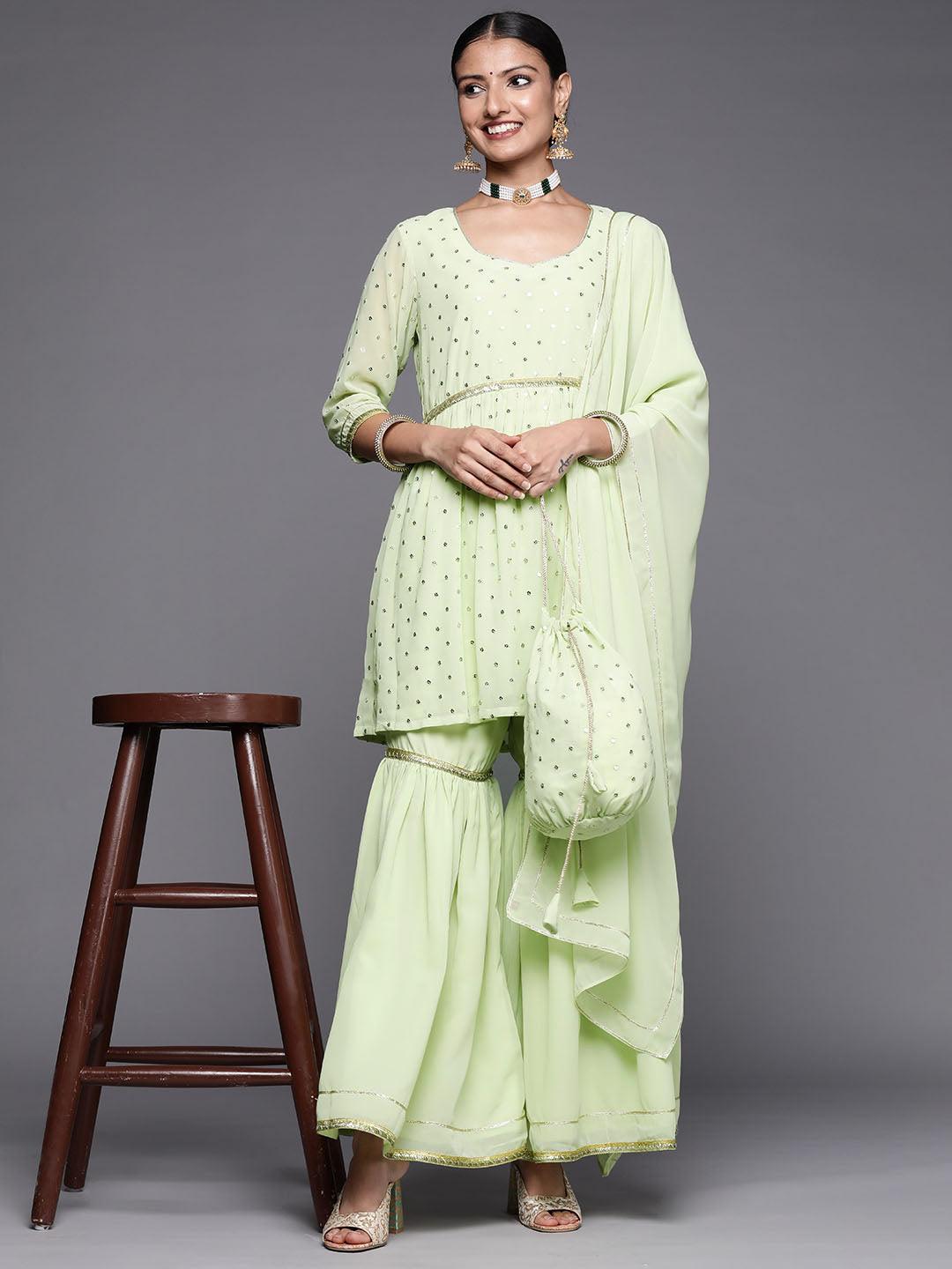 Green Self Design Georgette Anarkali Sharara Suit Set With Dupatta