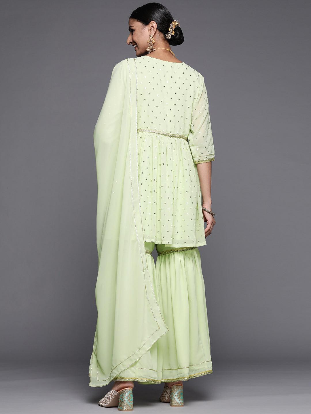 Green Self Design Georgette Anarkali Sharara Suit Set With Dupatta