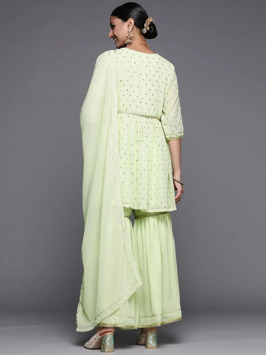 Green Self Design Georgette Anarkali Suit Set - Libas 
