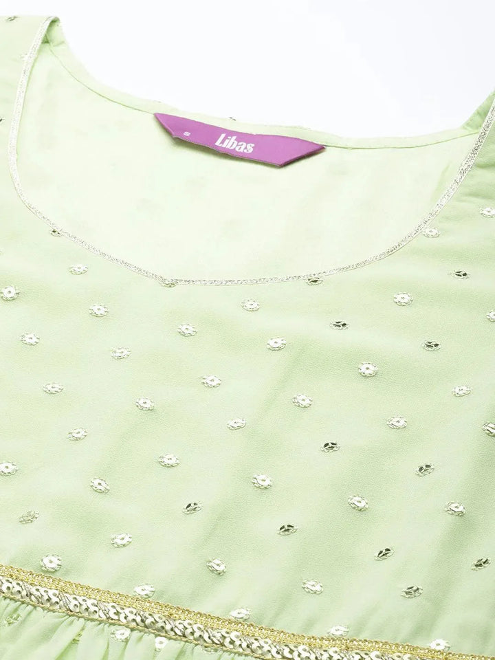 Green Self Design Georgette Anarkali Suit Set - Libas