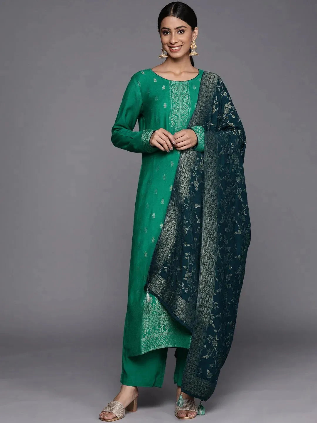 Green Self Design Pashmina Wool Straight Suit Set - Libas