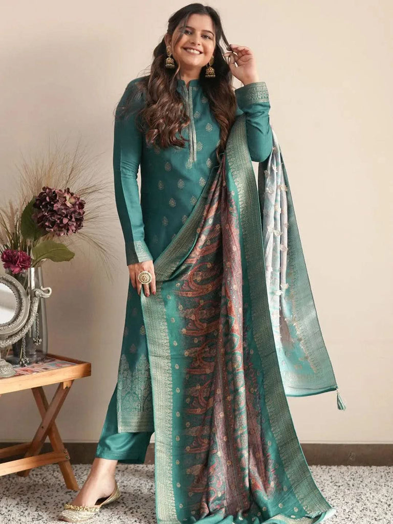 Libas Green Self Design Pashmina Wool Straight Kurta With Dupatta
