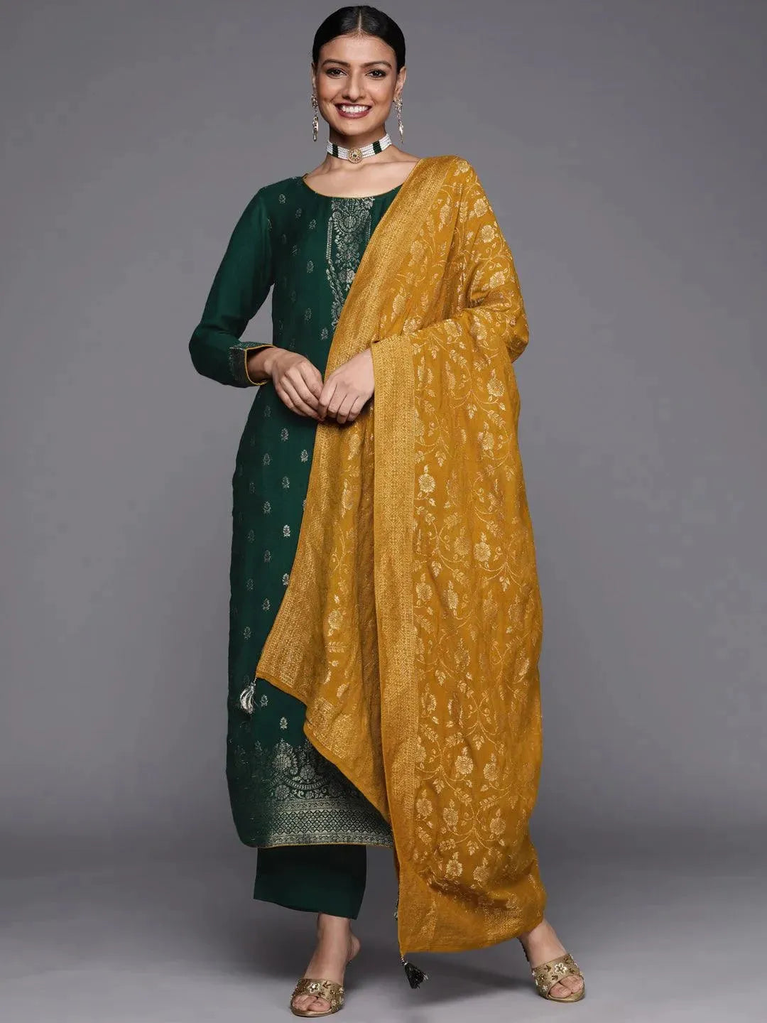 Green Self Design Pashmina Wool Straight Suit Set - Libas