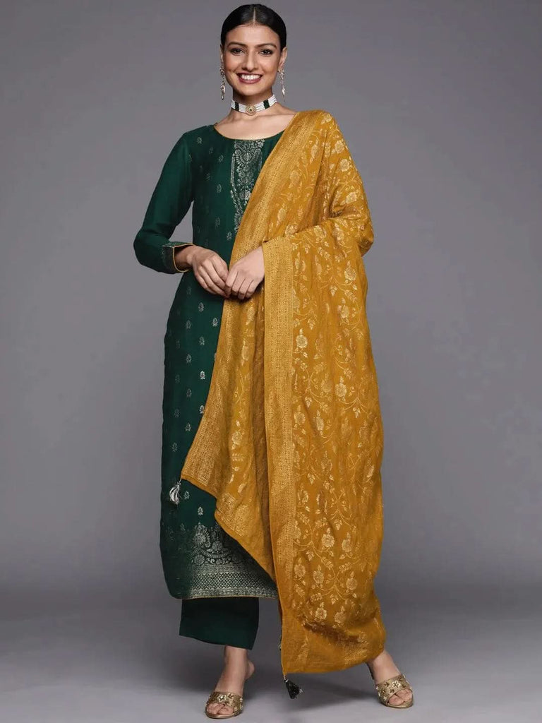 Libas Green Self Design Pashmina Wool Straight Kurta With Dupatta