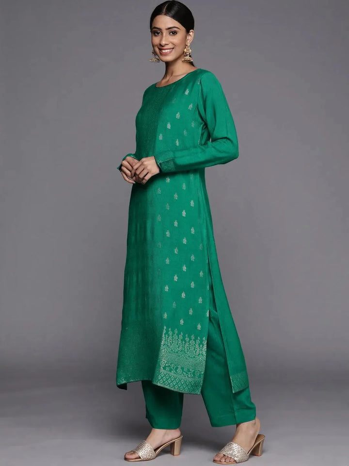 Green Self Design Pashmina Wool Straight Suit Set - Libas