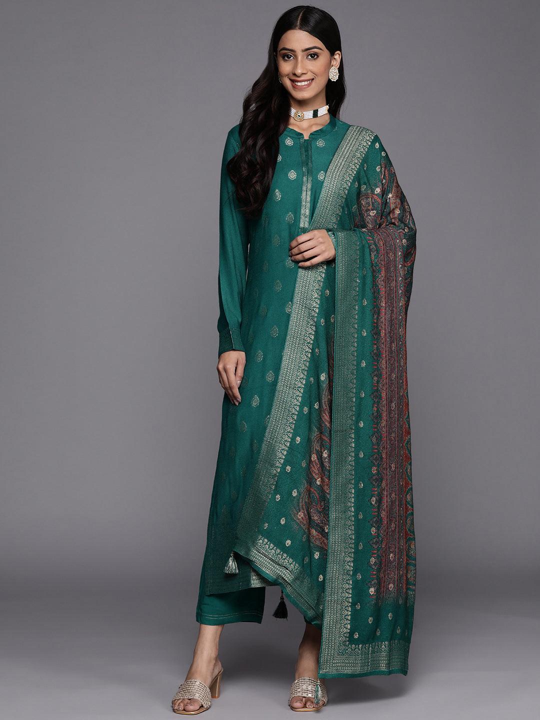 Green Self Design Pashmina Wool Straight Suit Set - Libas