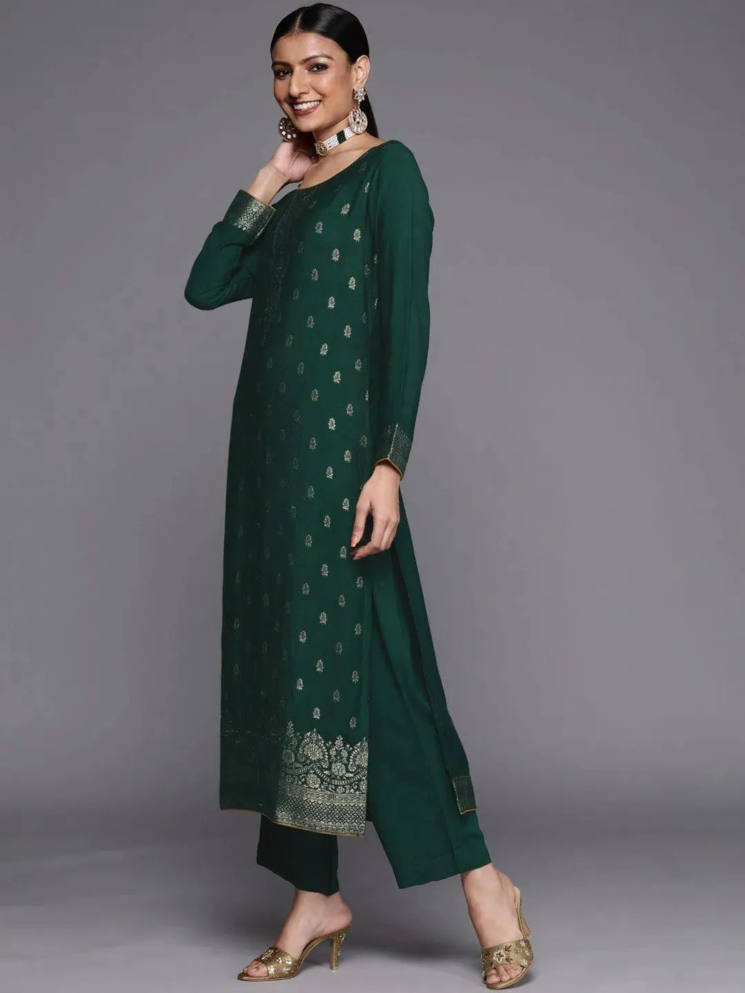 Green Self Design Pashmina Wool Straight Suit Set - Libas 
