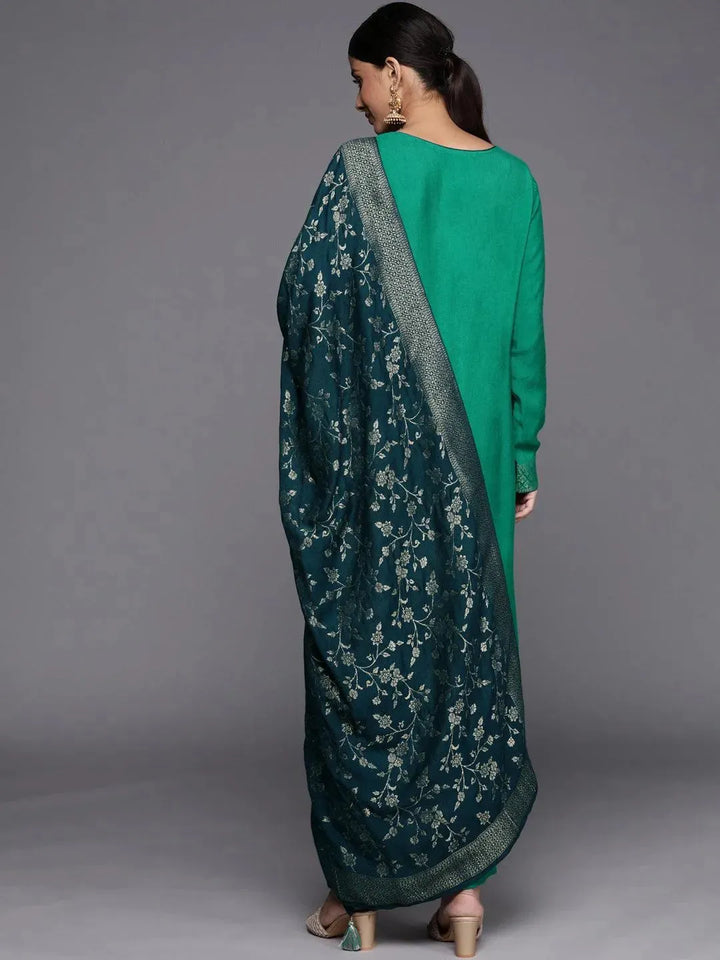 Green Self Design Pashmina Wool Straight Suit Set - Libas