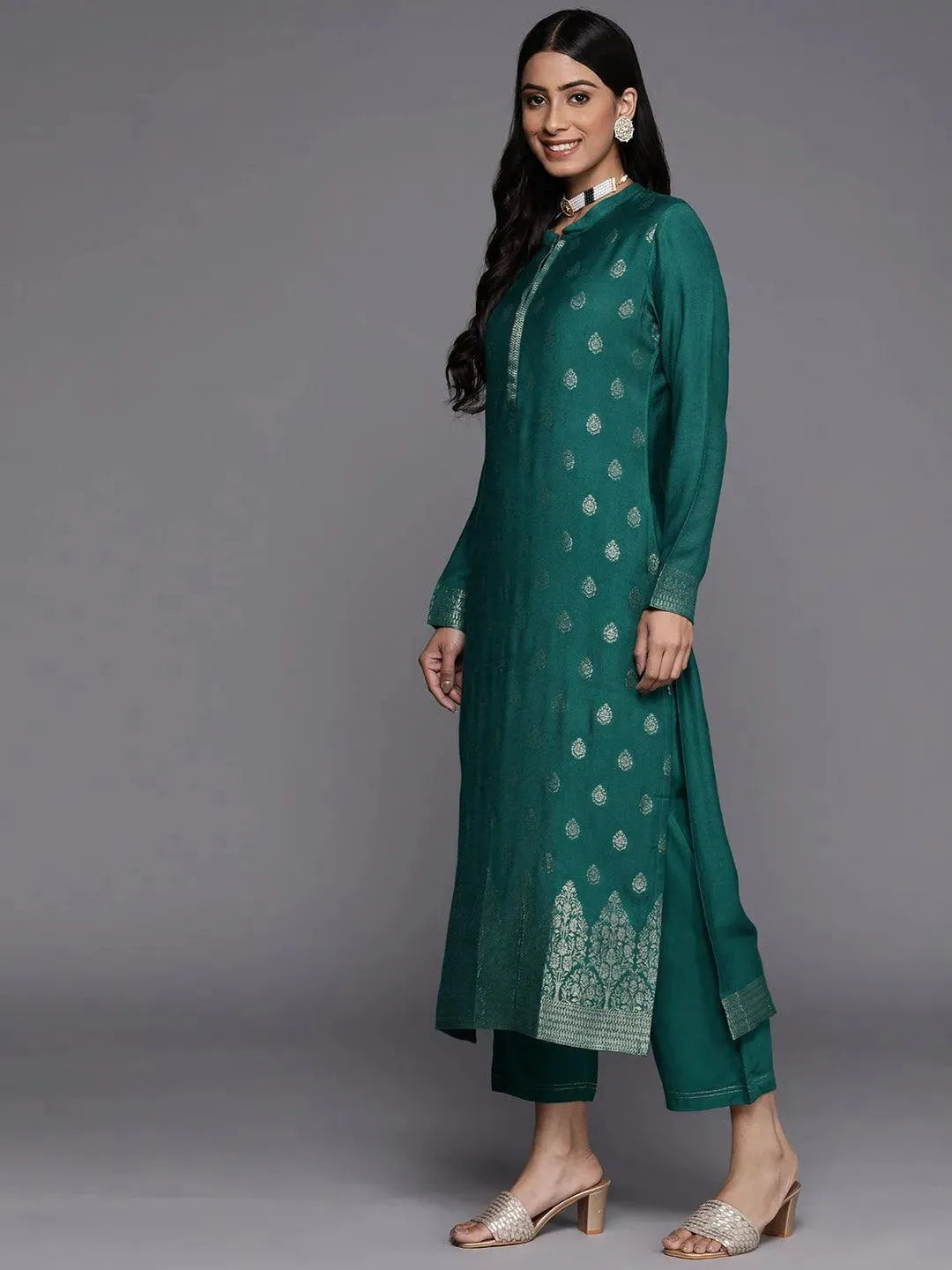 Green Self Design Pashmina Wool Straight Suit Set - Libas 