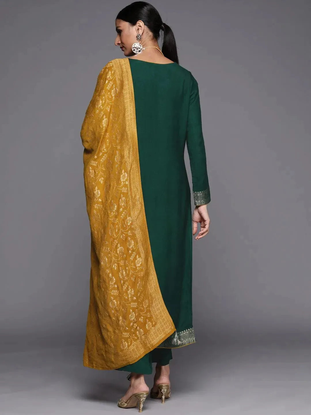 Green Self Design Pashmina Wool Straight Suit Set - Libas