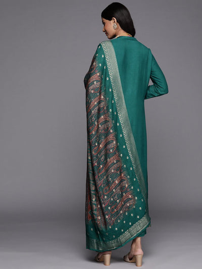 Green Self Design Pashmina Wool Straight Suit Set - Libas