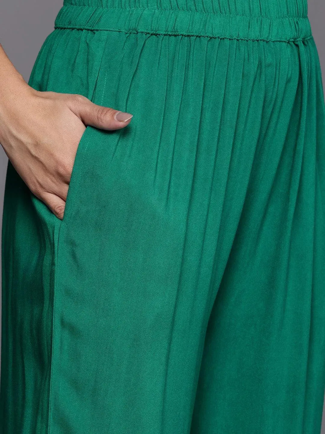 Green Self Design Pashmina Wool Straight Suit Set - Libas 