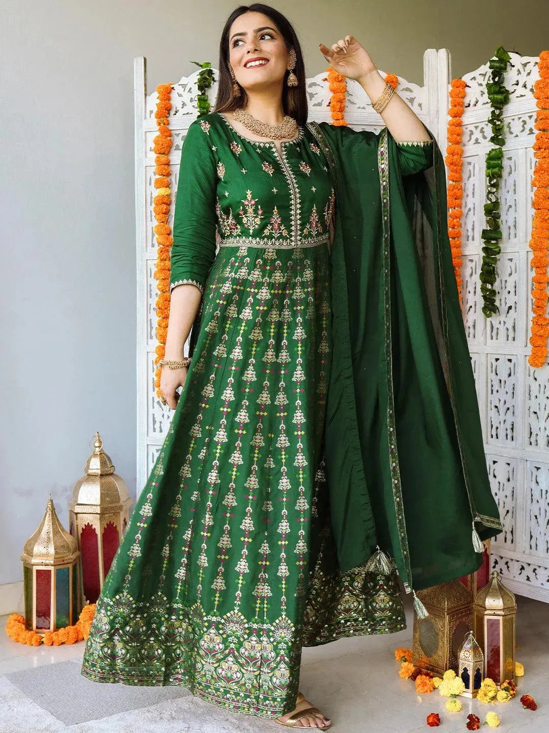 Green Self Design Silk Anarkali Suit Set - Libas