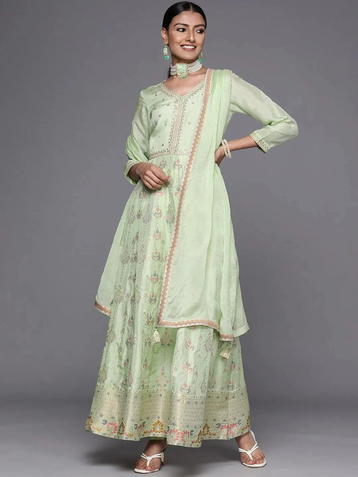 Green Self Design Silk Anarkali Suit Set - Libas