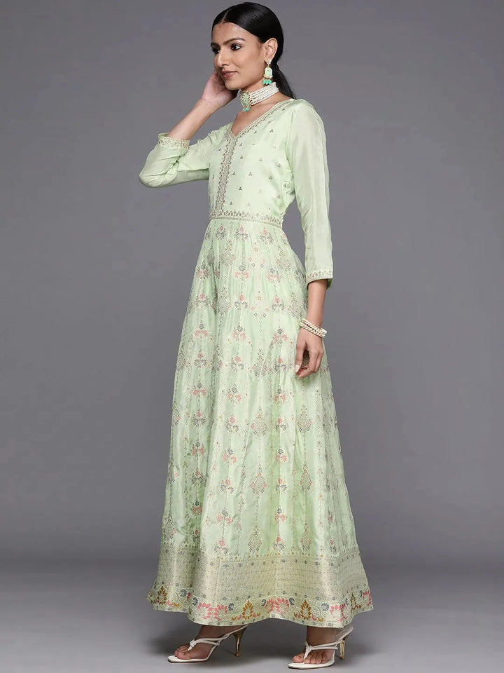 Green Self Design Silk Anarkali Suit Set - Libas