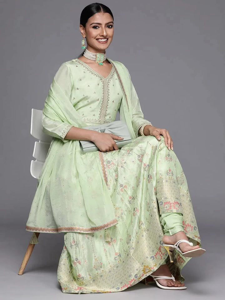 Green Self Design Silk Anarkali Suit Set - Libas