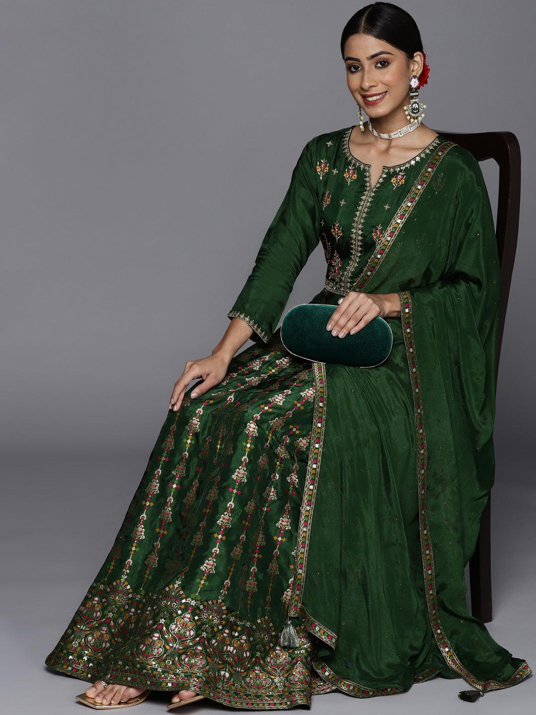 Green Self Design Silk Anarkali Kurta With Churidar & Dupatta