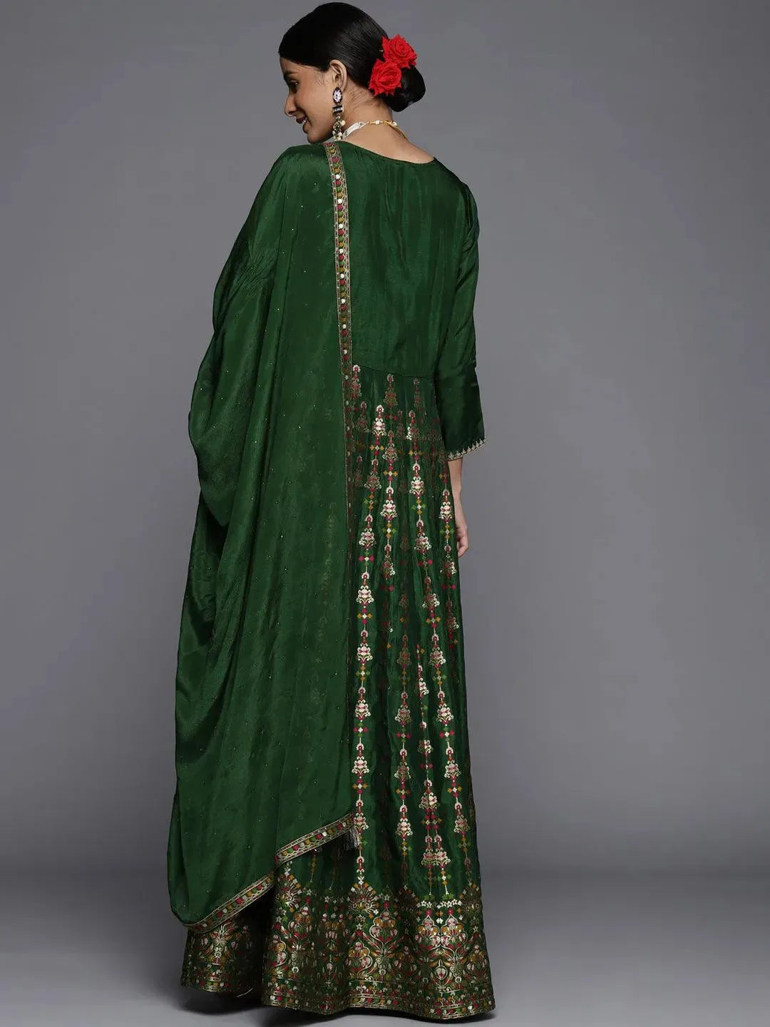 Green Self Design Silk Anarkali Suit Set - Libas