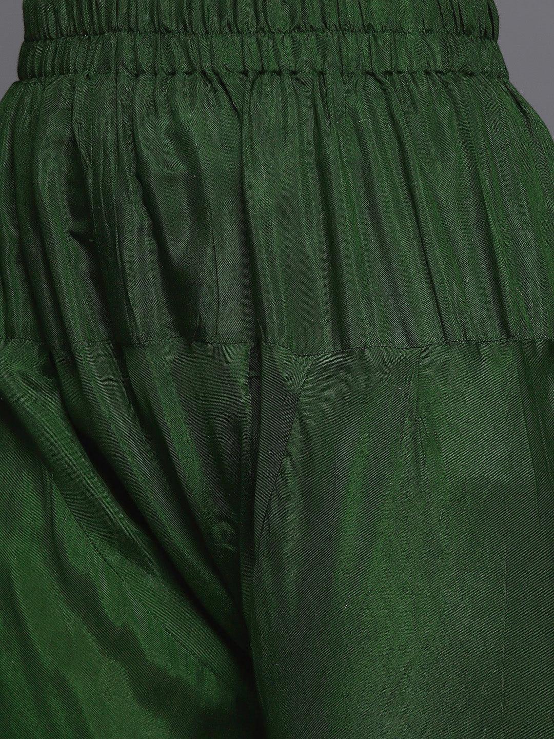 Green Self Design Silk Anarkali Kurta With Churidar & Dupatta